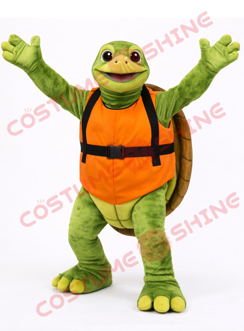 Green Turtle Mascot Costume with Orange Life Vest for Events