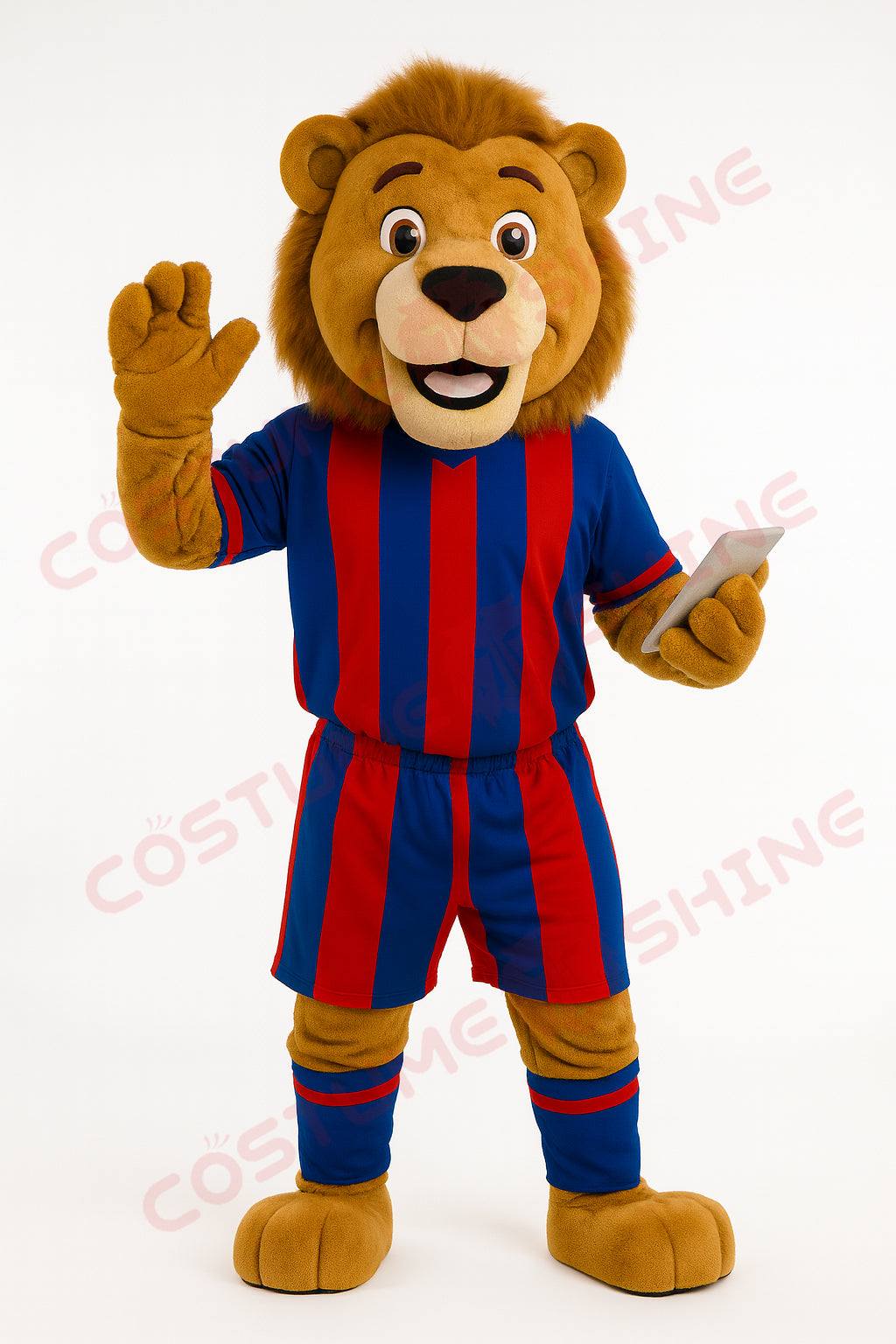 Lion Mascot Costume in Blue and Red Soccer Uniform – Custom Plush Suit for School Sports Teams & Events