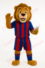 Lion Mascot Costume in Blue and Red Soccer Uniform – Custom Plush Suit for School Sports Teams & Events