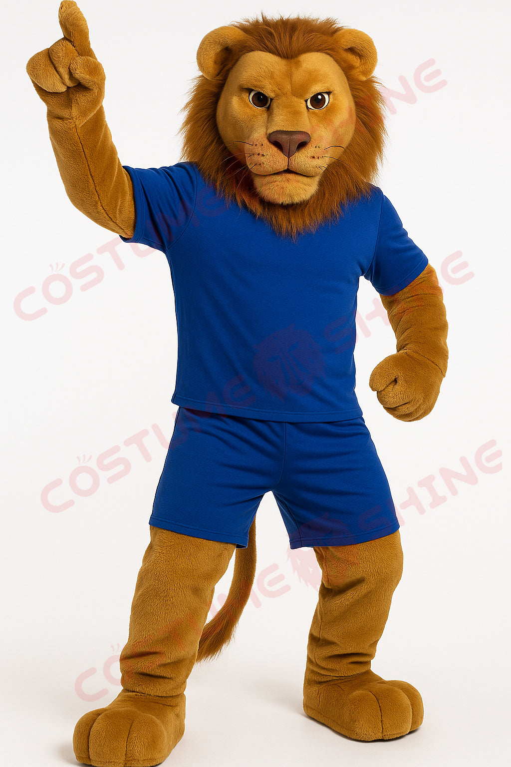 Majestic Lion Mascot Costume Character in Blue T-Shirt and Shorts
