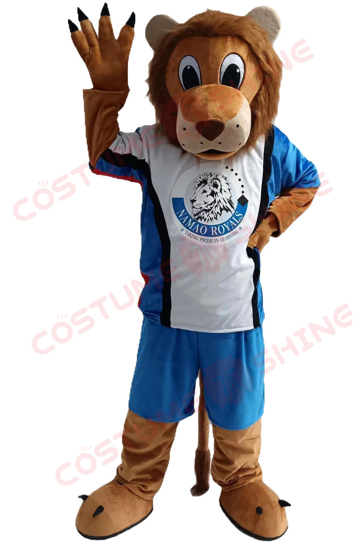 Lion Mascot Costume with Sports Jersey and Blue Shorts for Adults