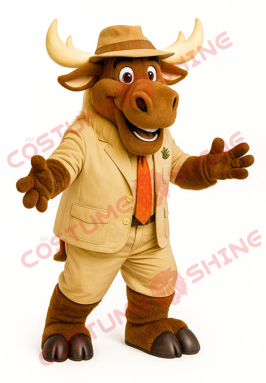 Moose Mascot Costume in Beige Safari Suit with Hat for Events & Schools