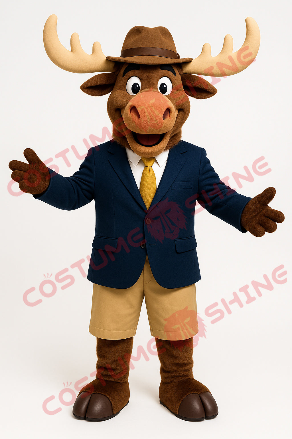 Moose Mascot Costume in Blue Blazer & Hat – Premium Adult Suit