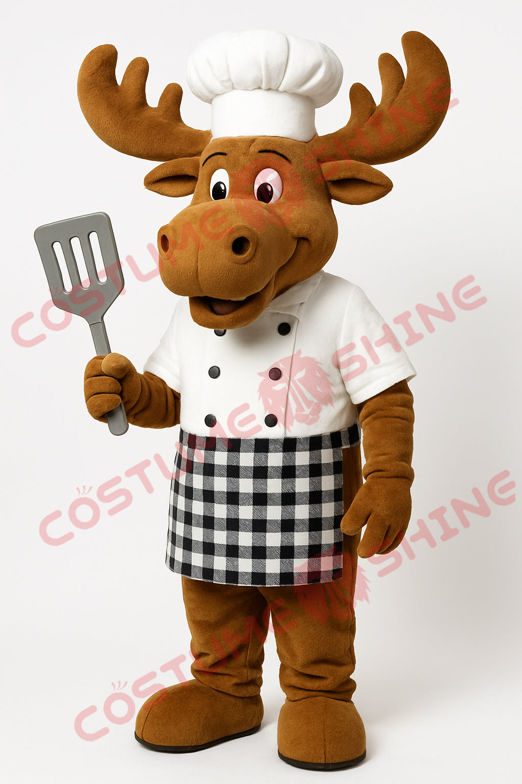 Moose Chef Mascot Costume with White Chef Hat & Checkered Apron – Custom Made