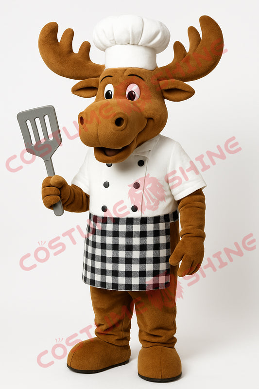 Moose Chef Mascot Costume with White Chef Hat & Checkered Apron – Custom Made