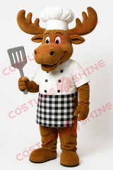 Moose Chef Mascot Costume with White Chef Hat & Checkered Apron – Custom Made