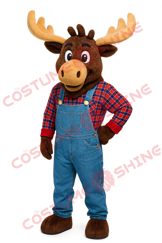 Moose Mascot Costume with Denim Overalls – Farmer Style Character Suit