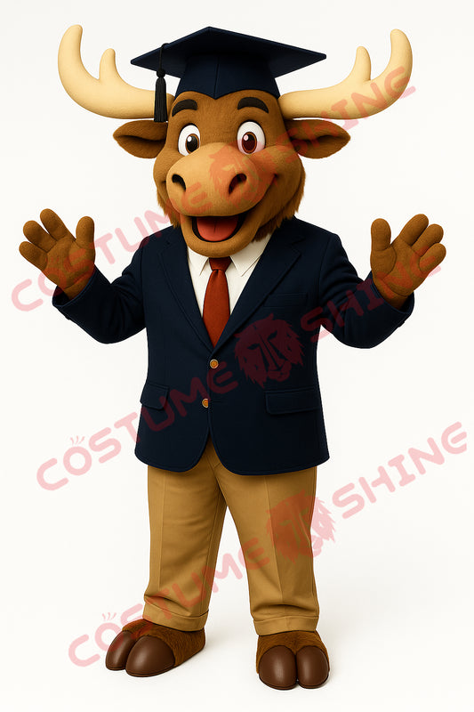 Graduation Moose Mascot Costume with Cap & Blazer – School & Event Suit