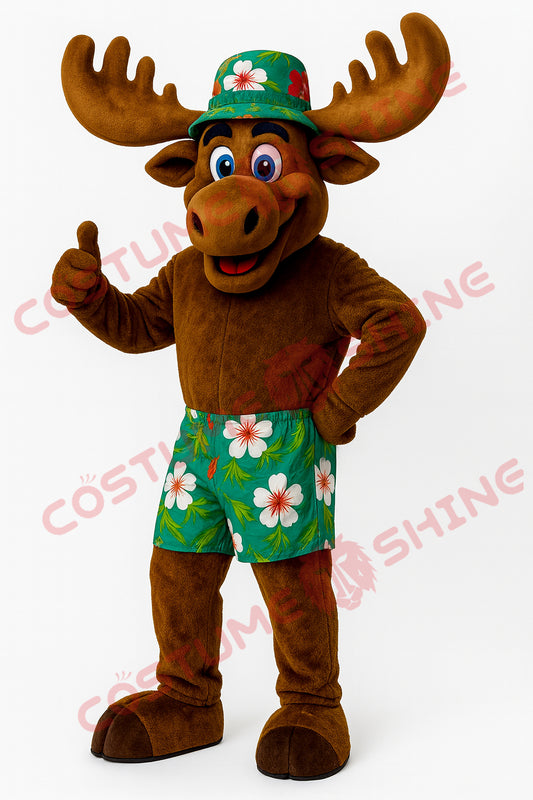 Hawaiian Moose Mascot Costume with Floral Shorts & Summer Outfit