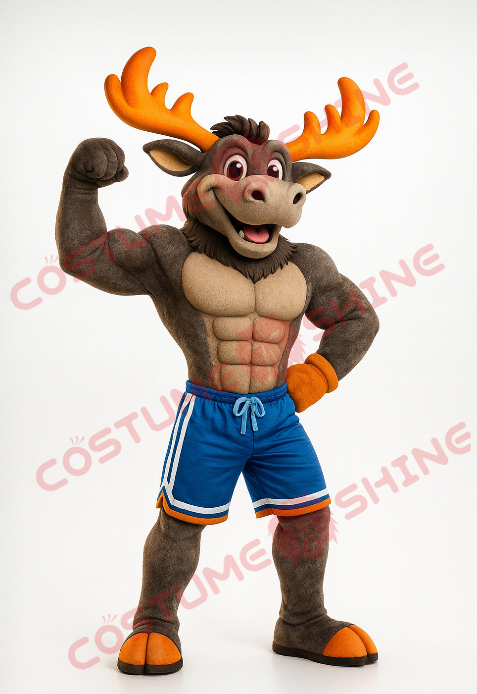 Muscular Moose Mascot Costume with Blue Sports Shorts for Events & Teams