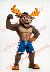Muscular Moose Mascot Costume with Blue Sports Shorts for Events & Teams