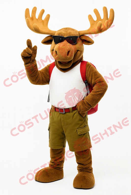 Moose Mascot Costume with Sunglasses & Backpack – Summer Adventure Outfit