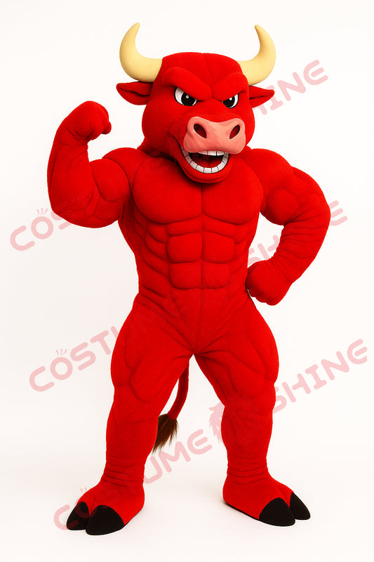 Muscular Red Bull Mascot Costume Strong Animal Suit with Horns for Sports and School Teams