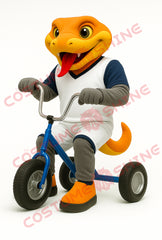 Orange and Gray Snake Mascot Costume Riding Tricycle in Sports Outfit