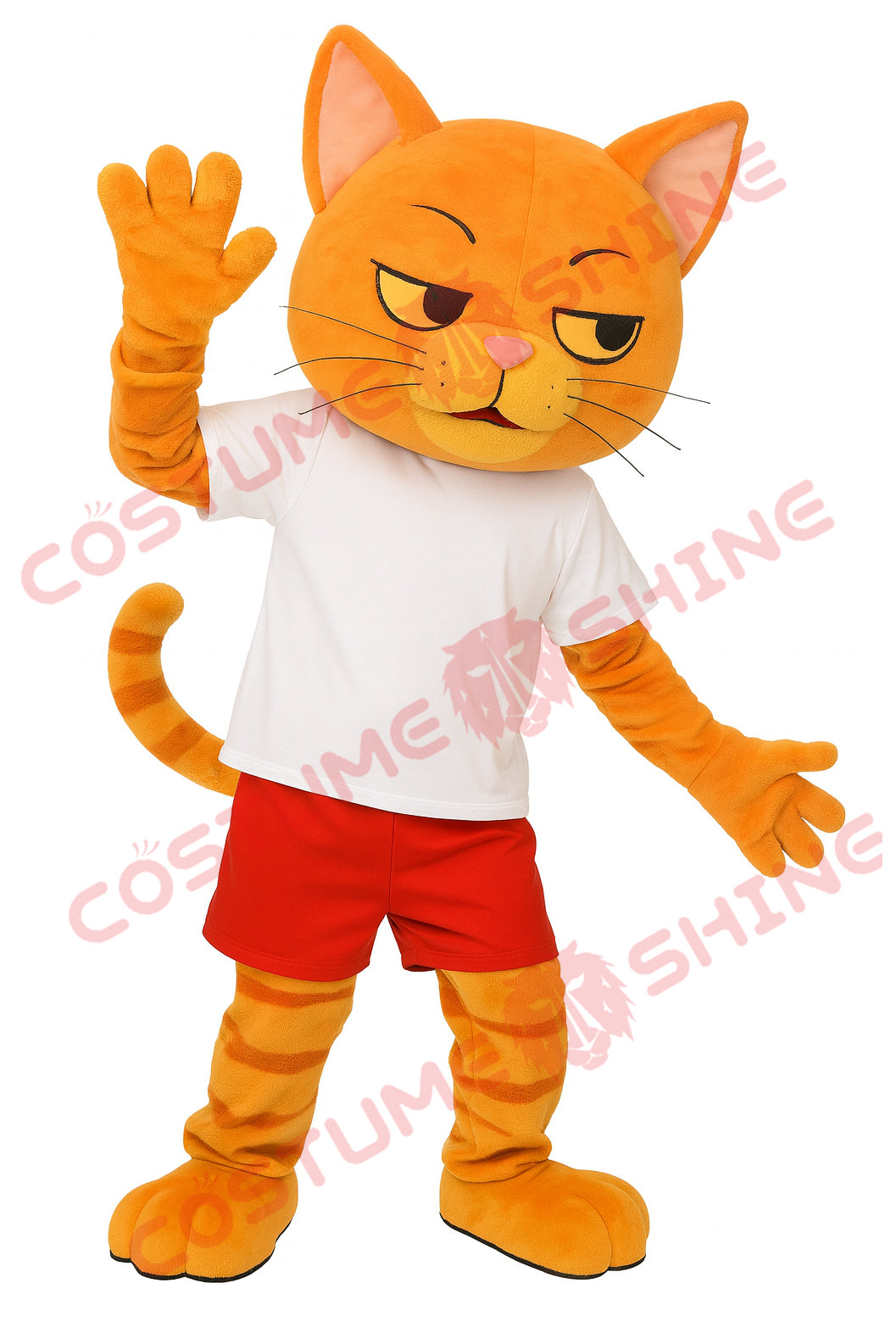 Orange Cat Mascot Costume with White Shirt & Red Shorts – Plush Suit