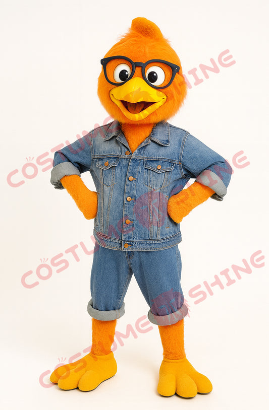 Orange Chicken Mascot Costume for Adults in Denim Outfit Plush Suit
