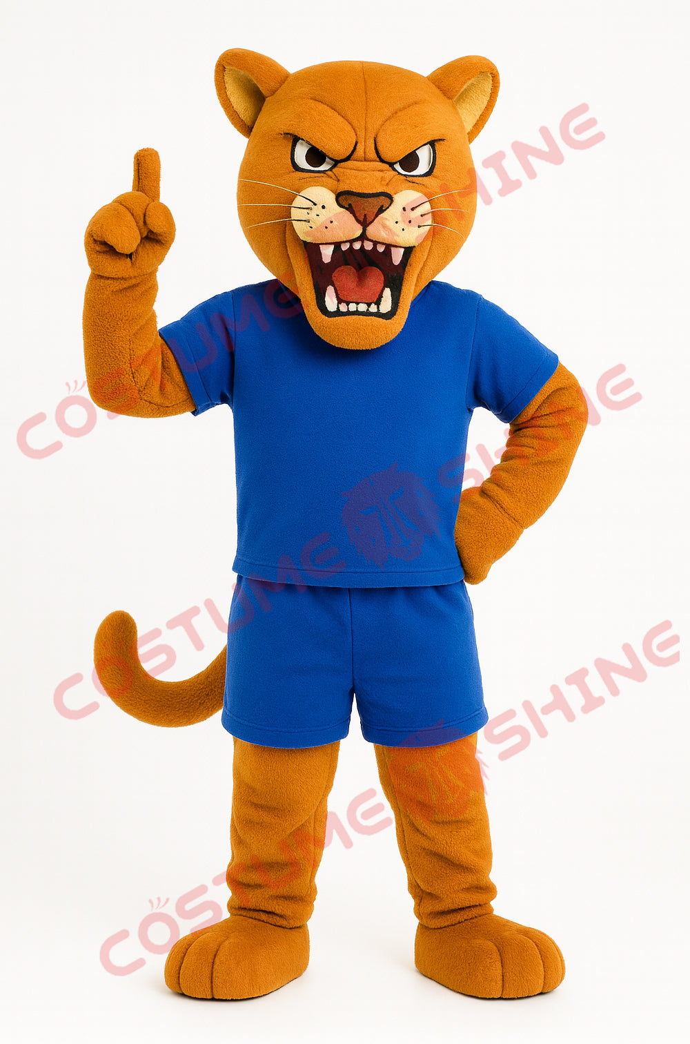 Orange Cougar Mascot Costume in Blue Sports Outfit – School Spirit
