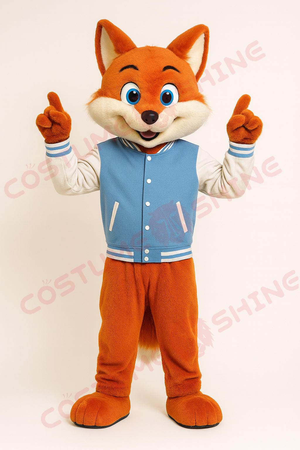 Orange Fox Mascot Costume in Blue Varsity Jacket – Custom Plush Suit for School Events