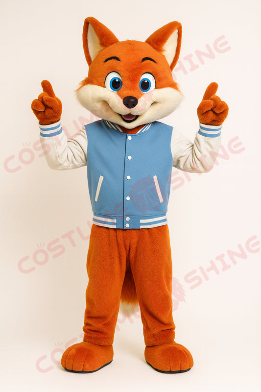Orange Fox Mascot Costume in Blue Varsity Jacket – Custom Plush Suit for School Events