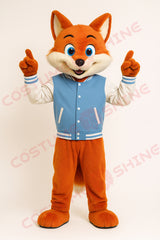 Orange Fox Mascot Costume in Blue Varsity Jacket – Custom Plush Suit for School Events