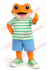 Orange Frog Mascot Costume for Adults with Striped Shirt