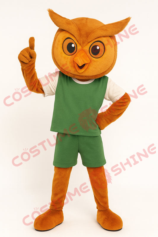 Orange Owl Mascot Costume for Adults – Plush Suit with Green Sports Outfit