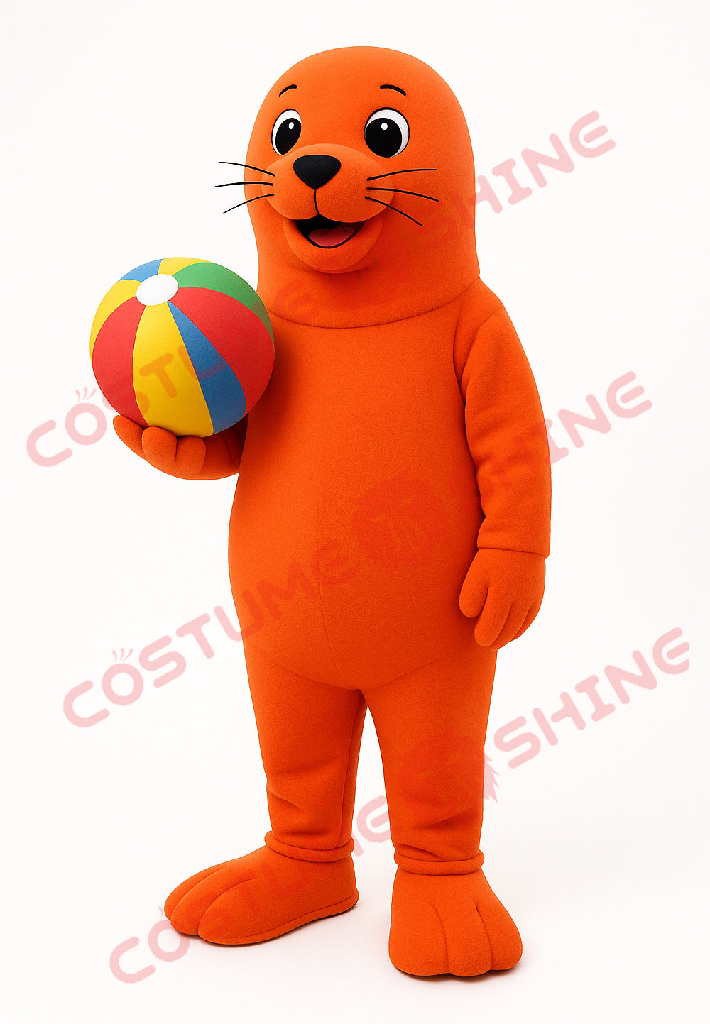 Orange Seal Mascot Costume with Beach Ball – Adult Plush Suit