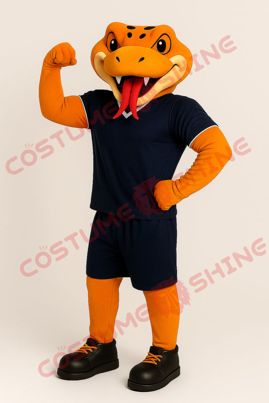 Orange Snake Mascot Costume in Navy Sports Outfit Flexing Pose