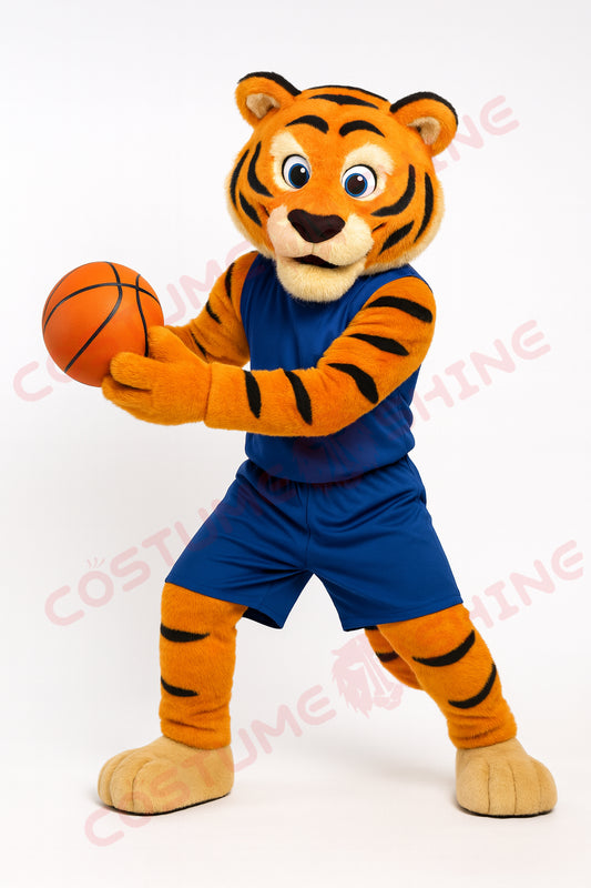 Orange Tiger Mascot Costume in Blue Basketball Uniform | Custom Sports Plush Suit