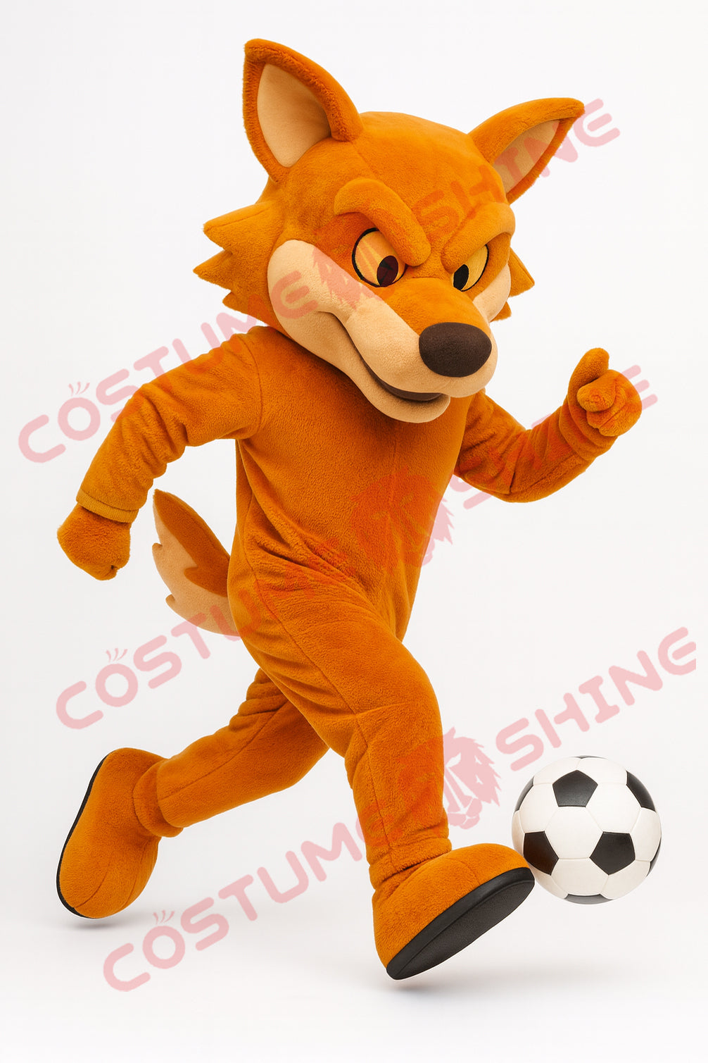 Orange Wolf Mascot Costume Playing Soccer – Adult Plush Animal Suit