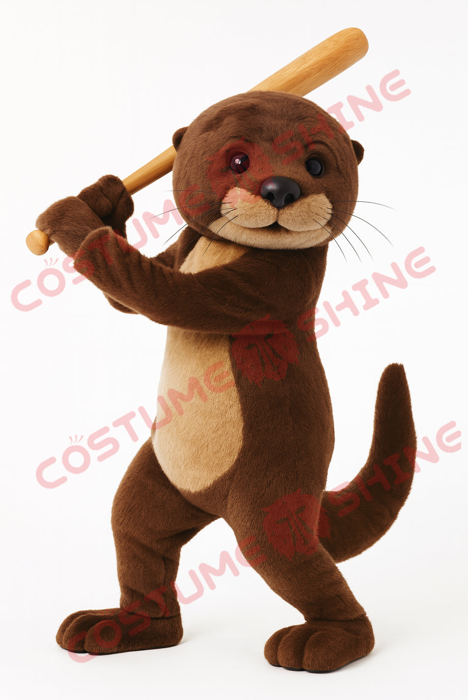 Otter Mascot Costume Brown Plush Suit with Baseball Bat Swing Pose