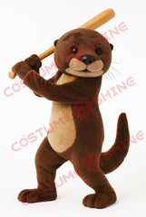 Otter Mascot Costume Brown Plush Suit with Baseball Bat Swing Pose