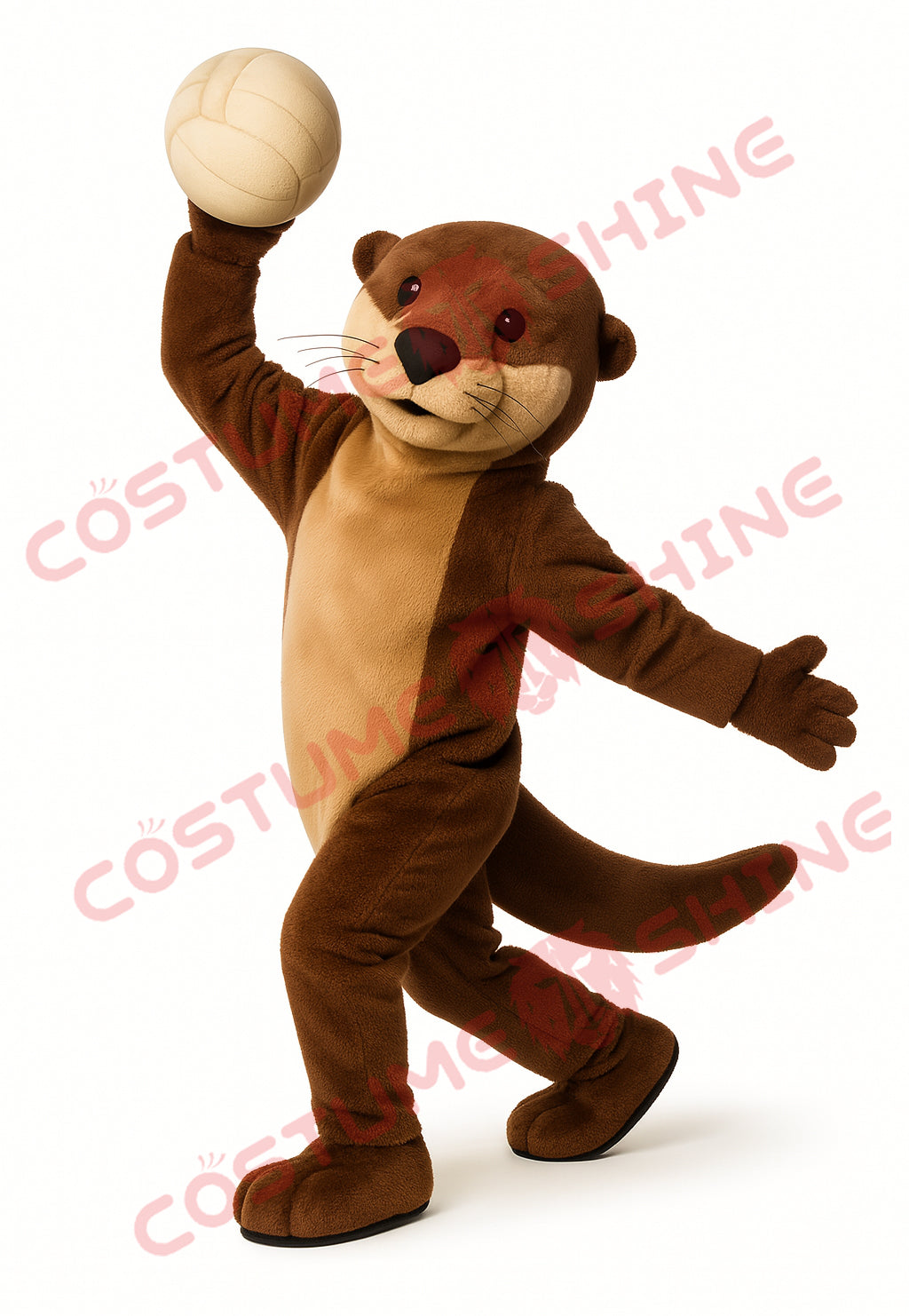 Brown Otter Mascot Costume in Volleyball Spike Pose – Plush Sports Suit