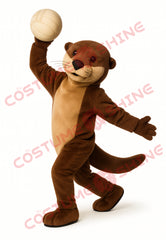 Brown Otter Mascot Costume in Volleyball Spike Pose – Plush Sports Suit