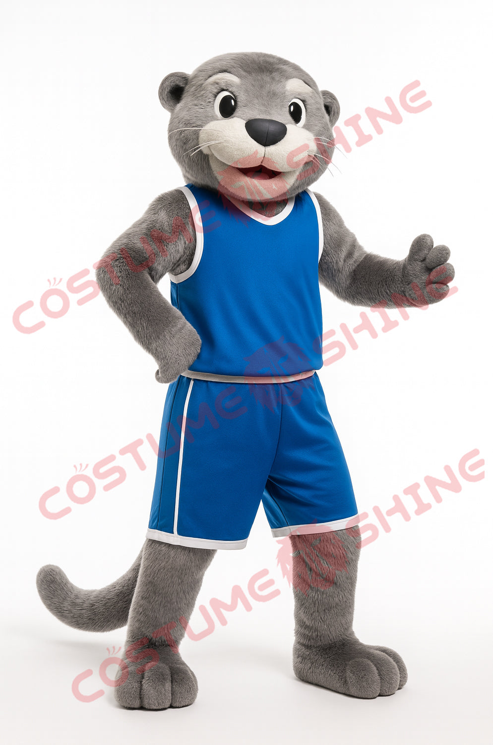 Grey Otter Basketball Mascot Costume in Blue Sports Uniform – Plush Suit