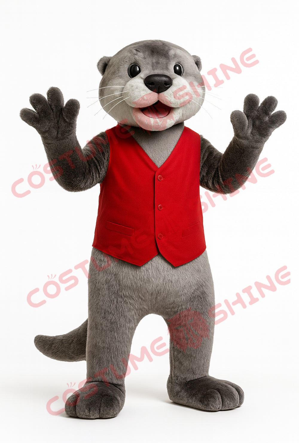 Grey Otter Mascot Costume with Red Vest – Friendly Plush Character Suit