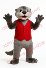 Grey Otter Mascot Costume with Red Vest – Friendly Plush Character Suit