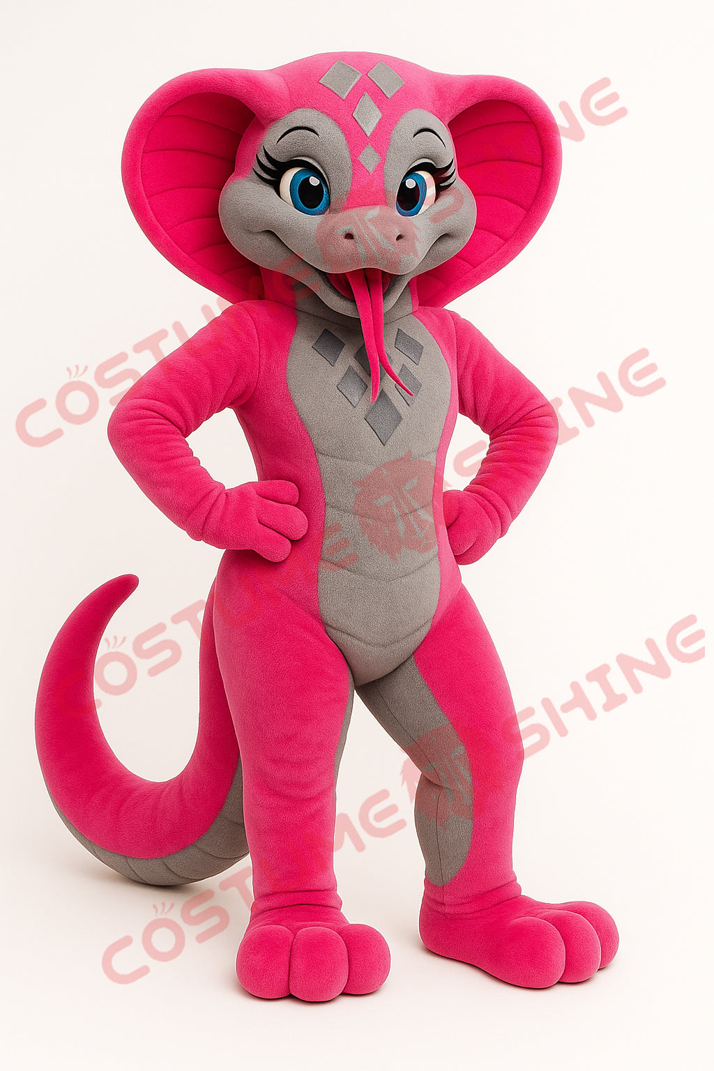 Pink and Gray Cobra Snake Mascot Costume with Blue Eyes and Red Tongue