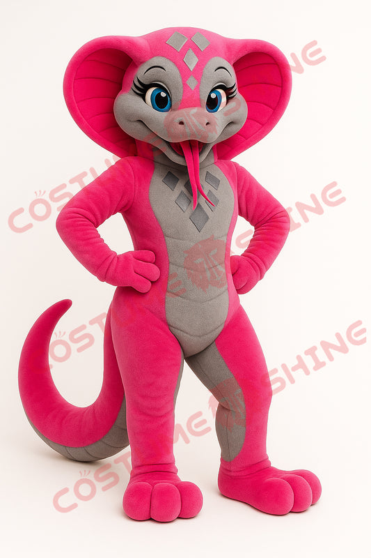 Pink and Gray Cobra Snake Mascot Costume with Blue Eyes and Red Tongue