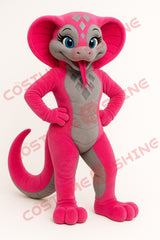 Pink and Gray Cobra Snake Mascot Costume with Blue Eyes and Red Tongue