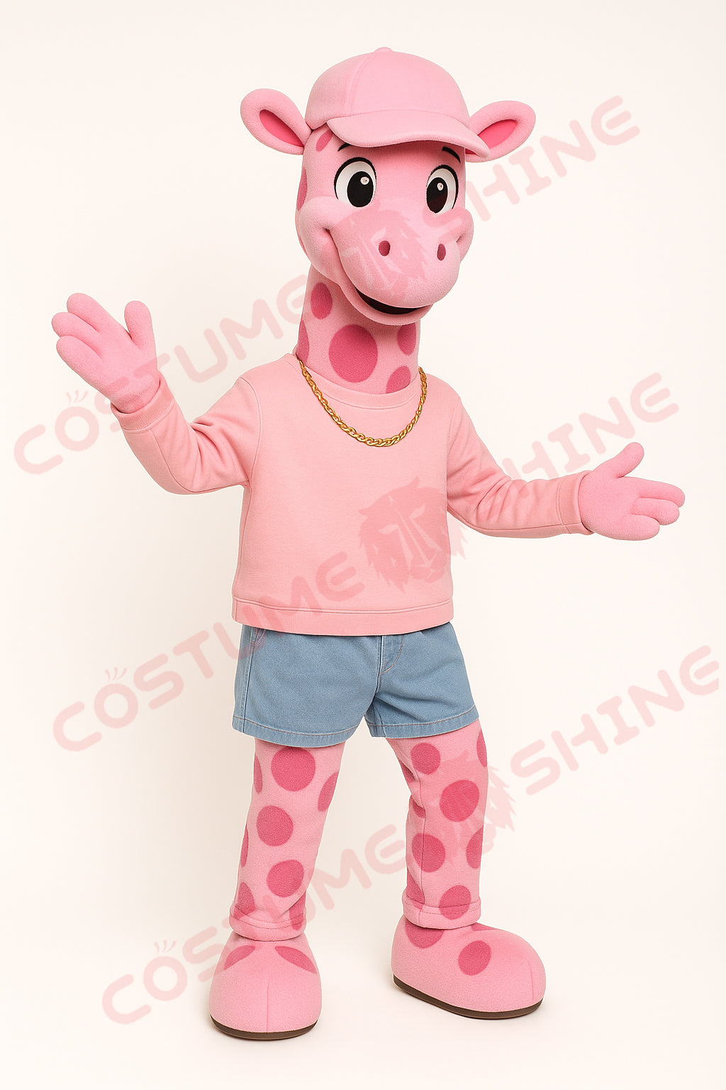 Pink Giraffe Mascot Costume – Plush Animal Suit with Blue Shorts for School or Event