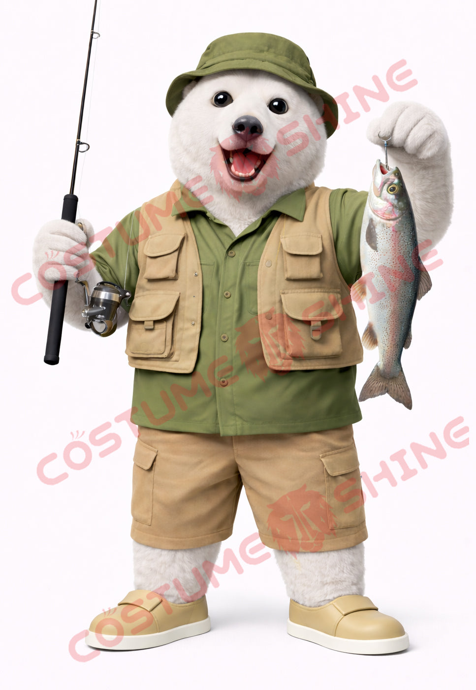 Adult Polar Bear Mascot Costume Fishing Explorer Style