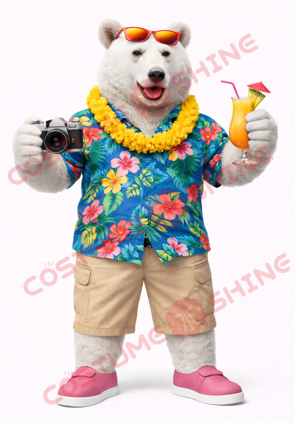 Adult Polar Bear Mascot Costume Hawaiian Vacation Photographer
