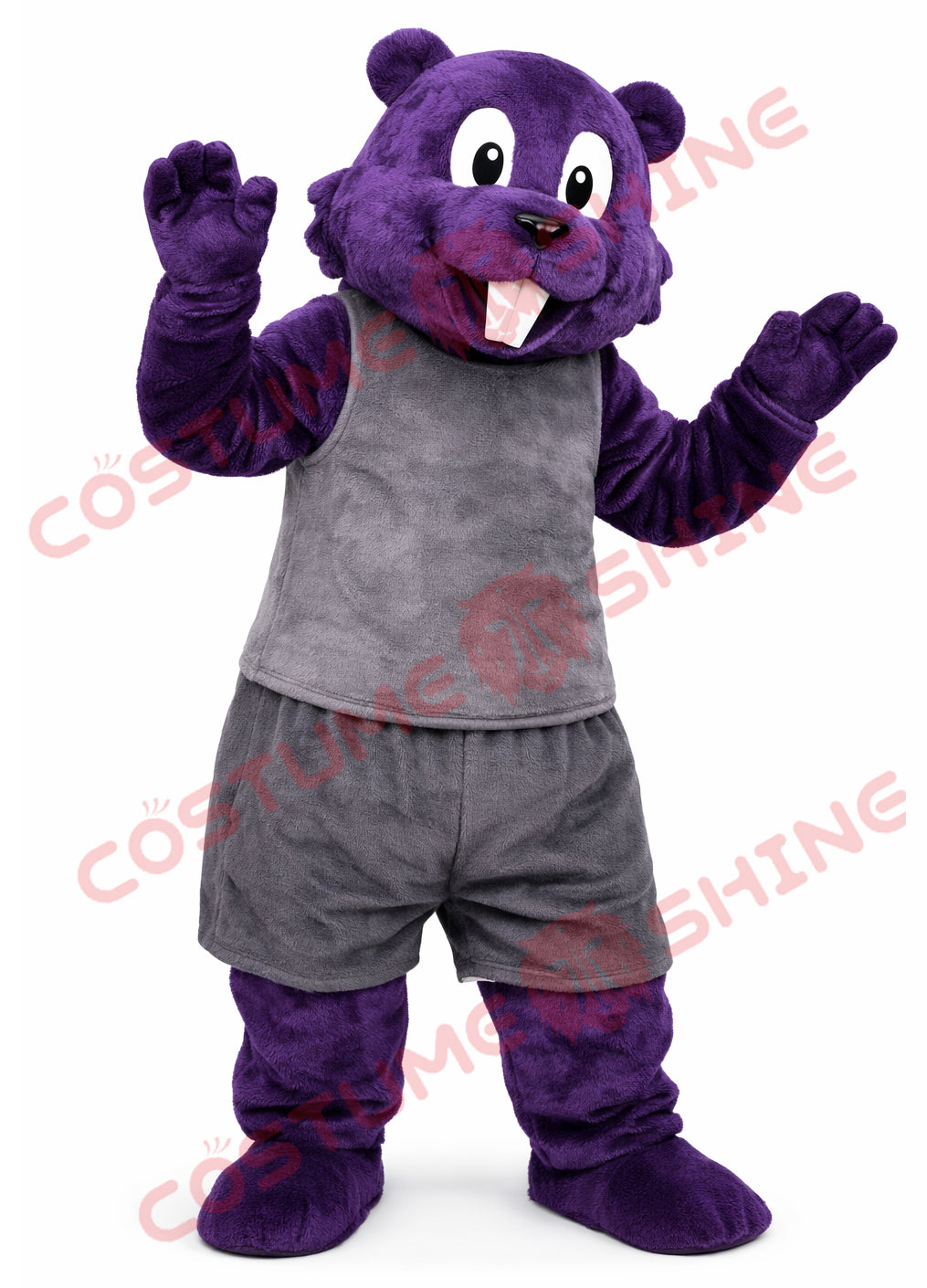 Purple Beaver Mascot Costume with Gray Outfit – Adult Plush Suit