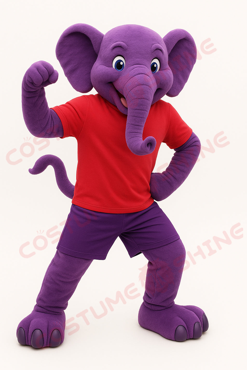 Purple Elephant Mascot Costume with Red Shirt – Custom Plush Animal Suit for School Sports Teams and Events
