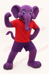 Purple Elephant Mascot Costume with Red Shirt – Custom Plush Animal Suit for School Sports Teams and Events