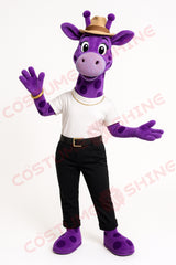 Purple Giraffe Mascot Costume – Plush Animal Suit with Hat and White Shirt for Events