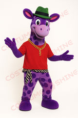 Purple Giraffe Mascot Costume – Red Shirt and Green Hat Plush Animal Suit for Events