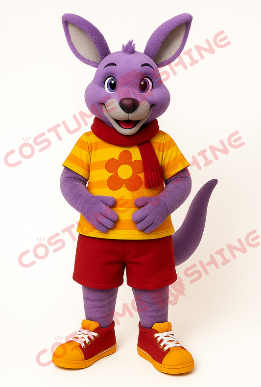 Purple Kangaroo Mascot Costume with Yellow Shirt & Red Shorts