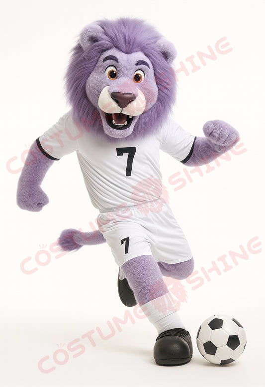 Purple Lion Mascot Costume in White Soccer Uniform #7 – Custom Plush Suit for School Teams, Sports Events, and Brand Promotions